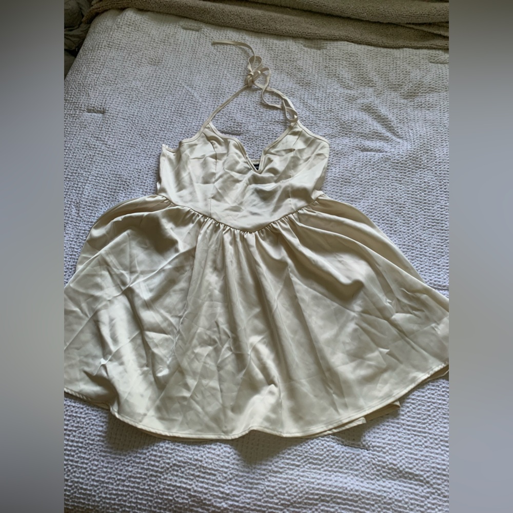 Off White Tie Neck Mini Dress